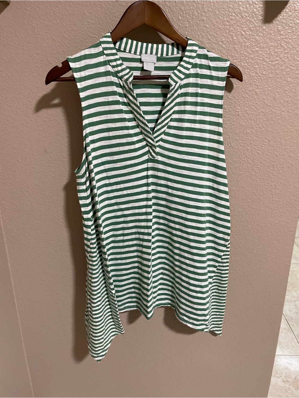 Chico's Green and White Striped V-Notch Tank